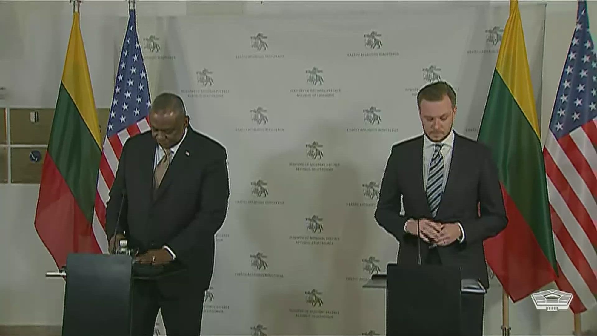 Secretary of Defense Lloyd J. Austin III and Lithuania's Acting Minister of National Defense Gabrielius Landsbergis conduct a joint press conference in Vilnius, Lithuania. 